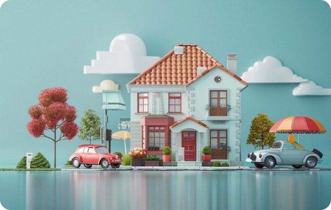 CX_insurance_industry A house, cars, and umbrellas symbolizing the insurance industry.