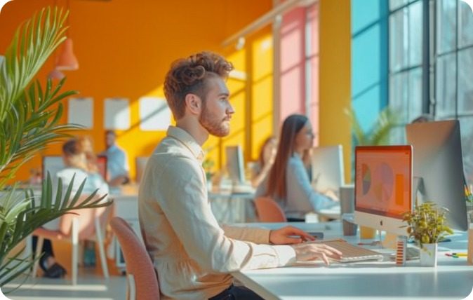 CX_marketing Marketer working in the office ,happy with his offered customer experience