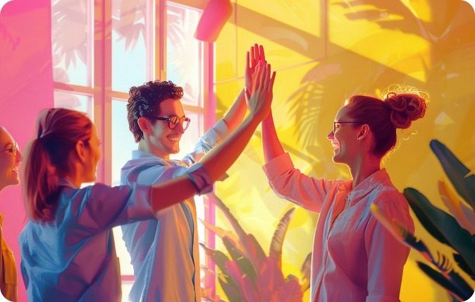 CX_account management Happy & succesful team doing high five.