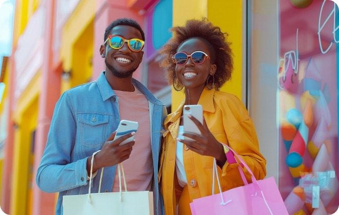 loyalty A smiling couple with shopping bags.